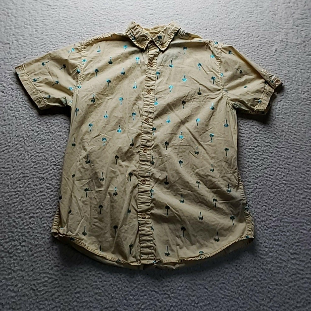 Drill Shirt Mens Large Beige Palm Tree Short Sleeve Slim Fit Button-Up Casual